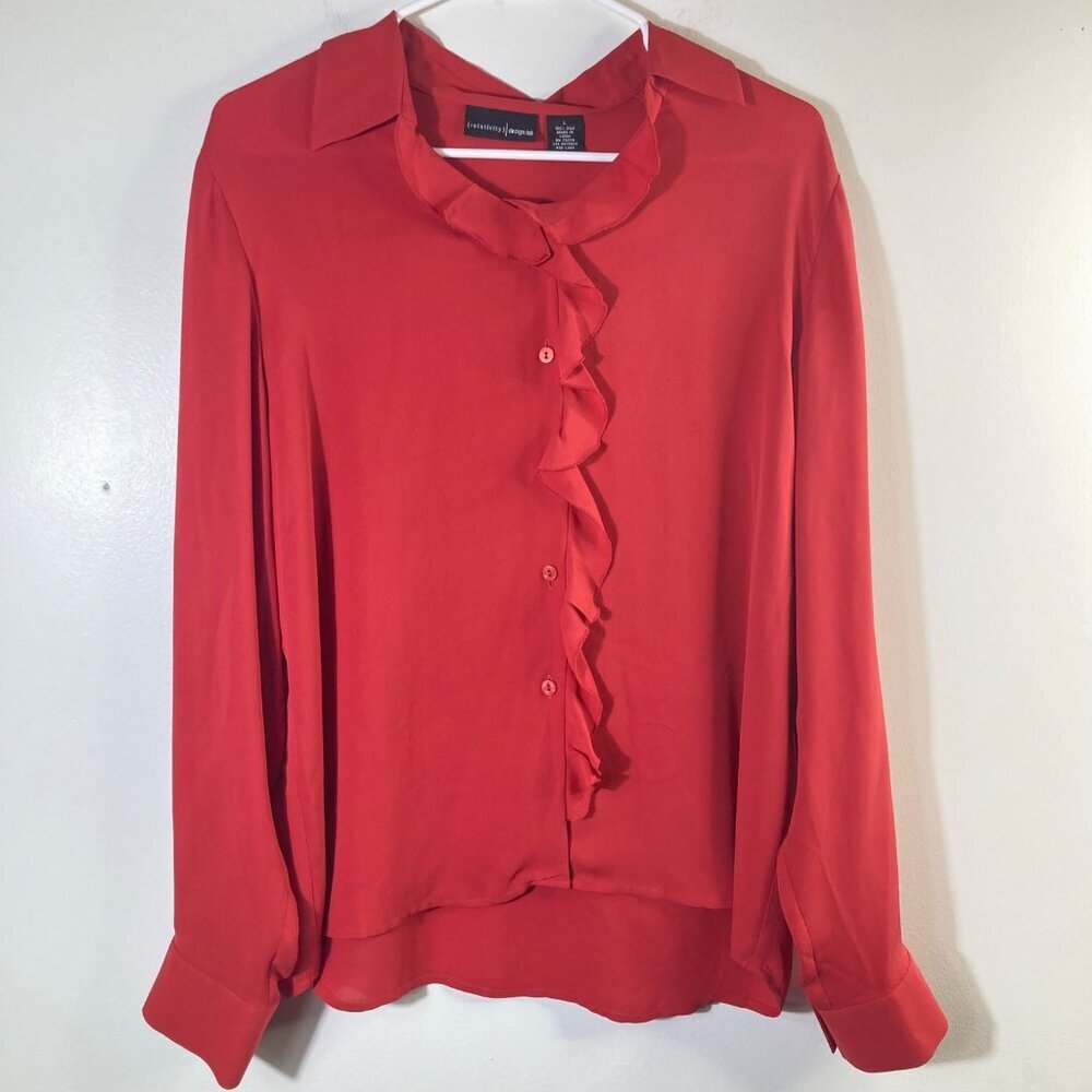Womens Relativity Silk Ruffle Button Blouse Long Sleeve Red L Silk